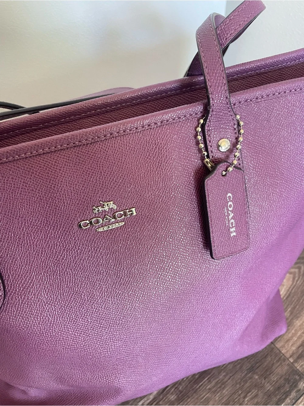 Coach City Zip Top Tote Bag Purple Crossgrain Leather Shoulder Purse - Picture 2 of 8